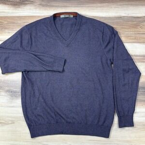 Raffi V-Neck Sweater Men M Merino Wool Quiet Luxury Classic Heathered Navy Brown